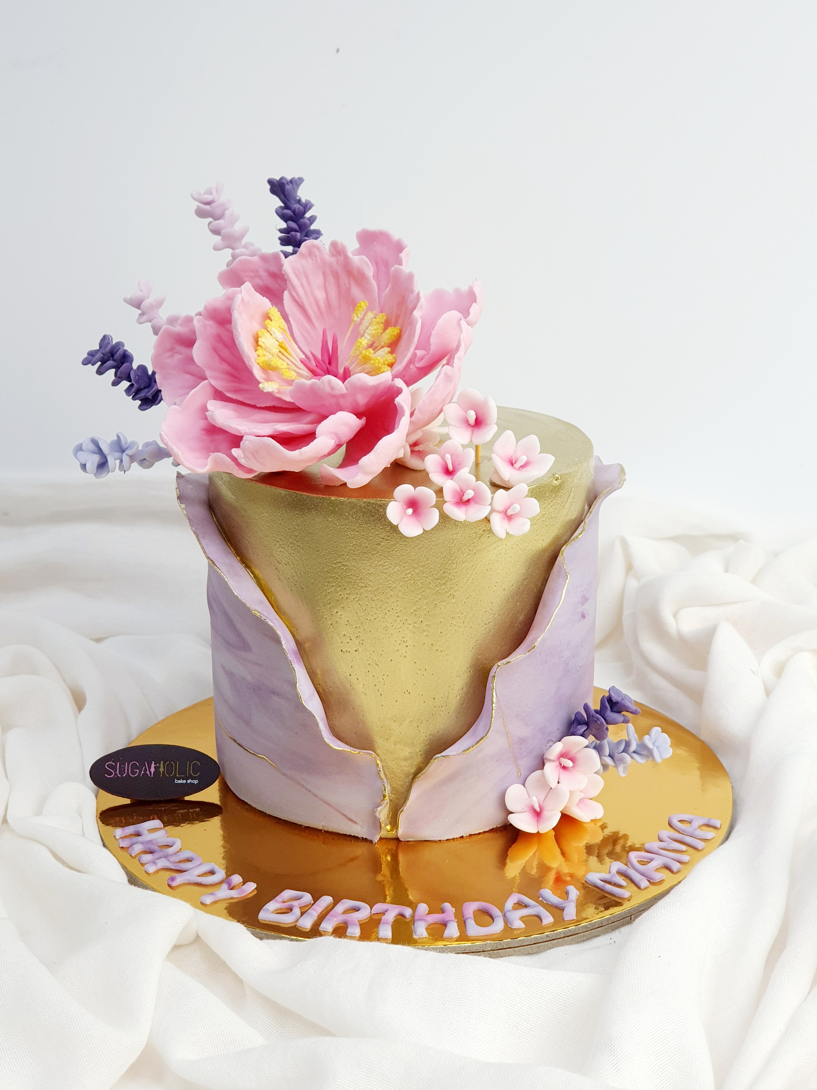 Purple and Gold Peony Flower Cake 