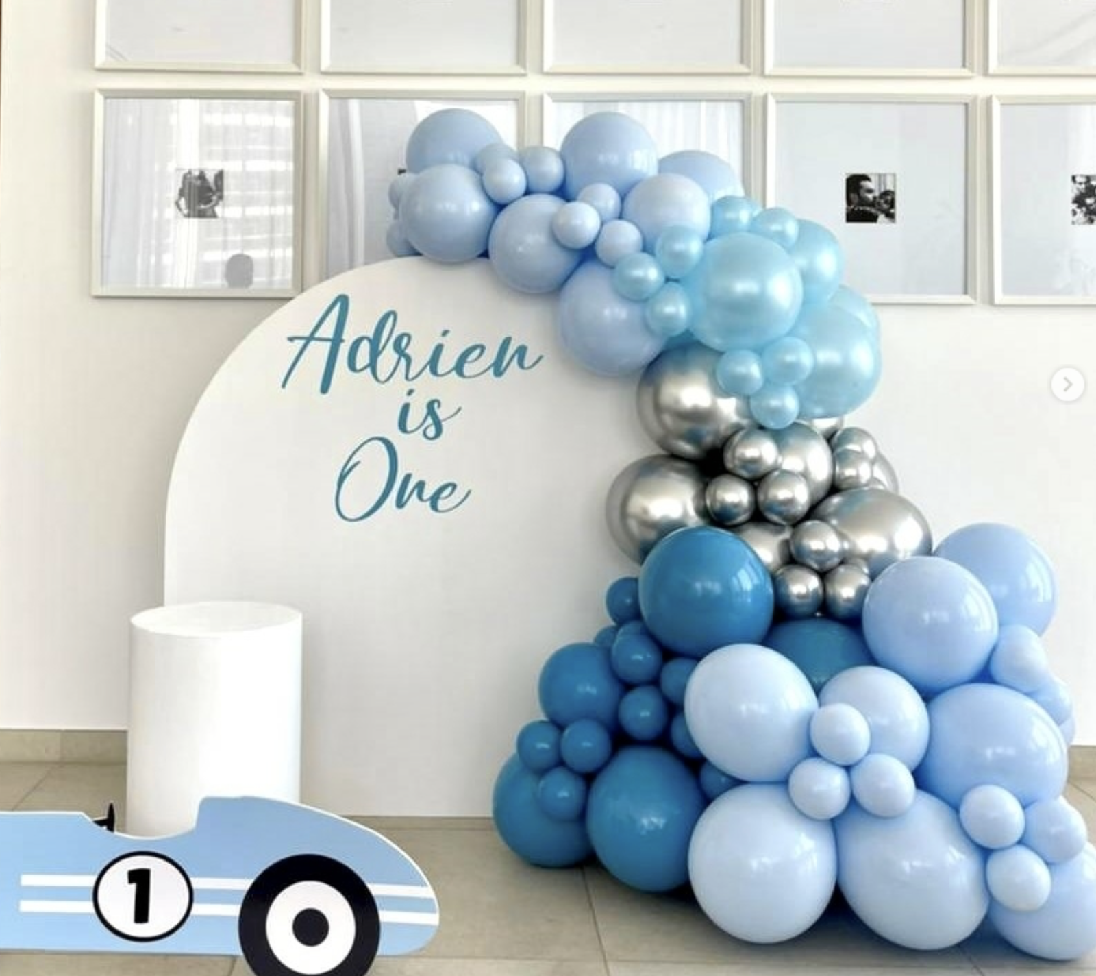 Mini Cars (Balloon garland 1.3m Semi arch backdrop - White 1 x small circle table - white Personalisation on Backdrop 1 x Car foam board)