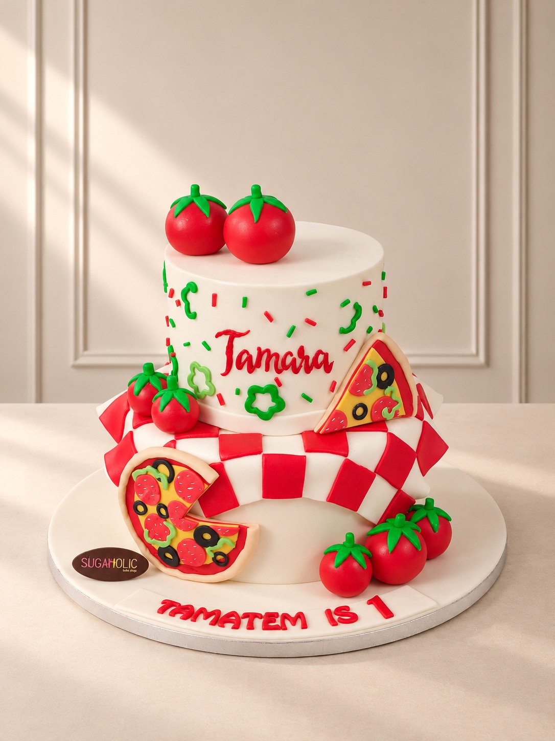 Two Tier Pizza Theme Cake with Fondant Tomatoes