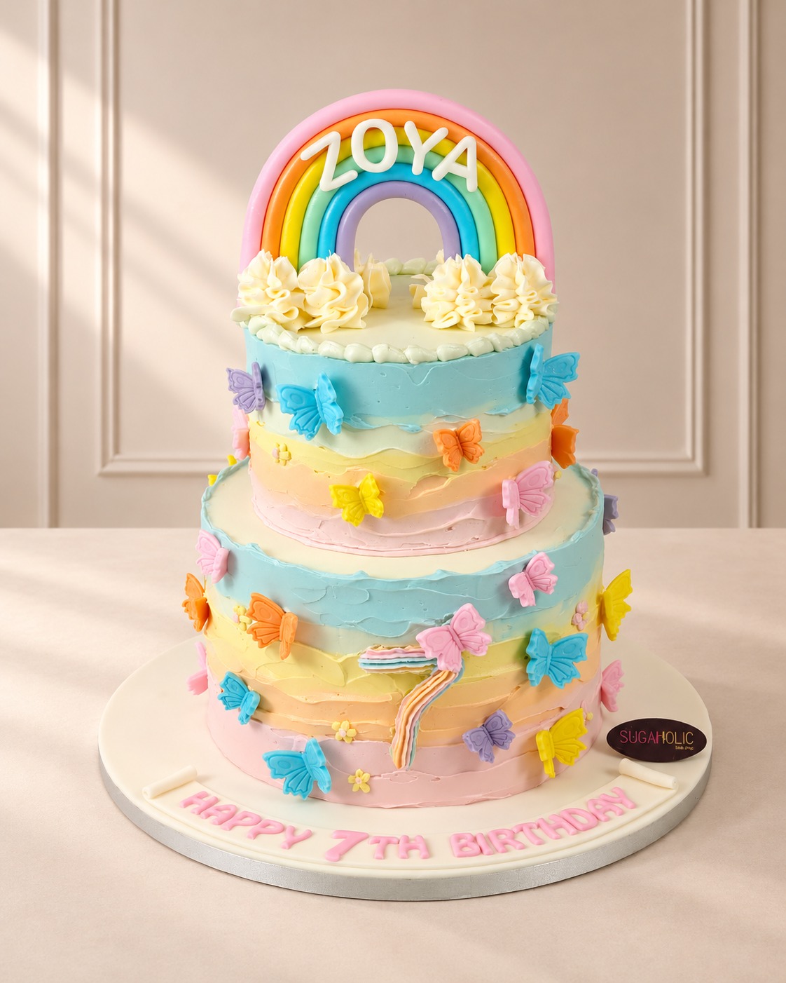Two Tier Pastel Rainbow and Butterfly Cake
