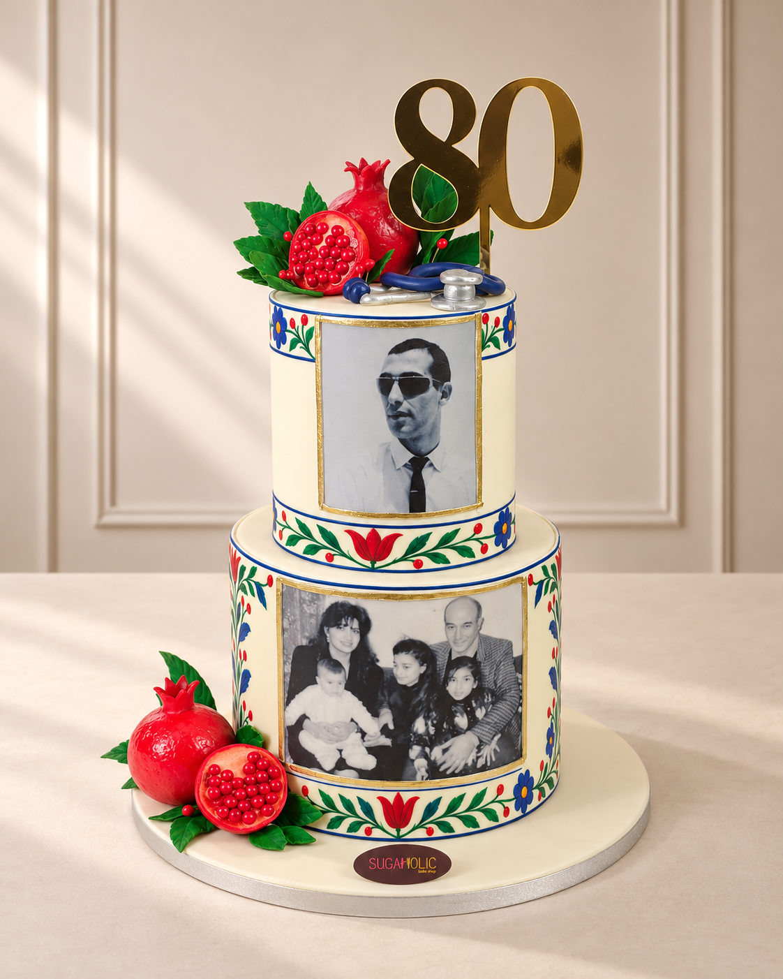 Two Tier Photo Tribute Cake with Fondant Pomegranates