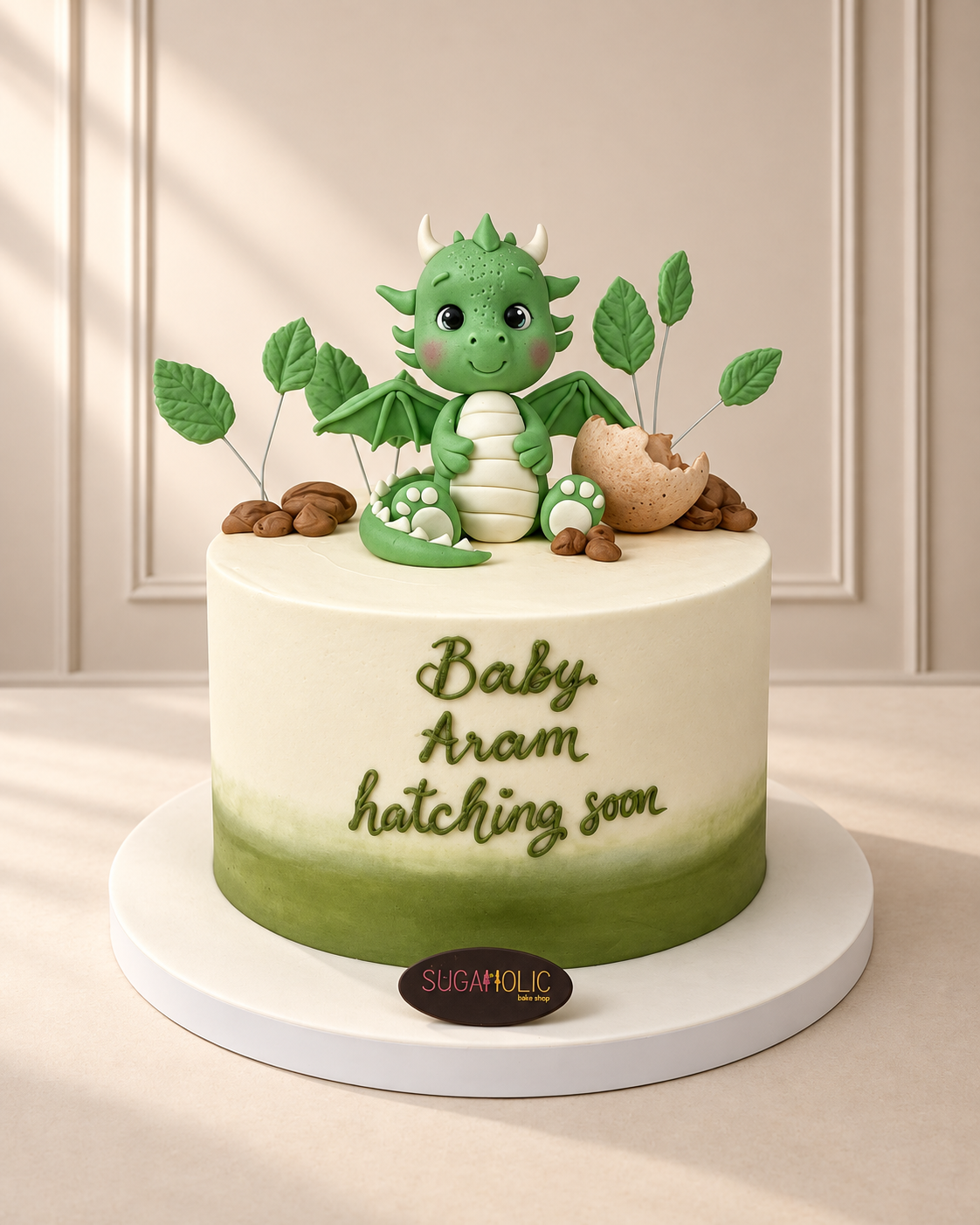 Green Baby Dragon Hatching Baby Shower Cake